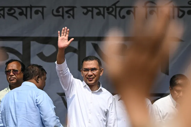 Tarique Rahman addresses supporters during the 2026 campaign, marking his return from exile.